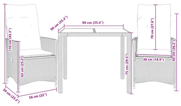 3dílný bistro set s poduškami hnědý polyratan 3276767