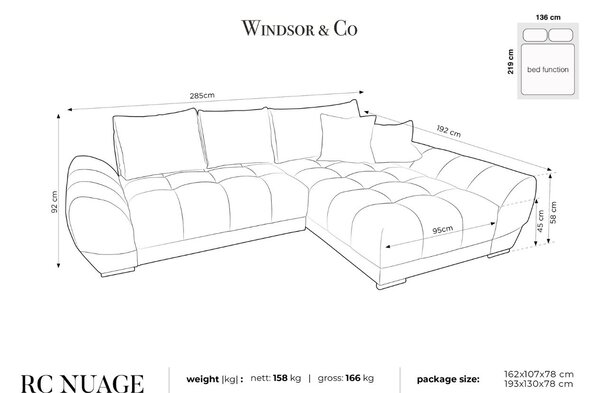 -25 % Dny MOMENTI– Windsor & Co Sametová rozkládací pohovka Nuage 285 cm, pravá
