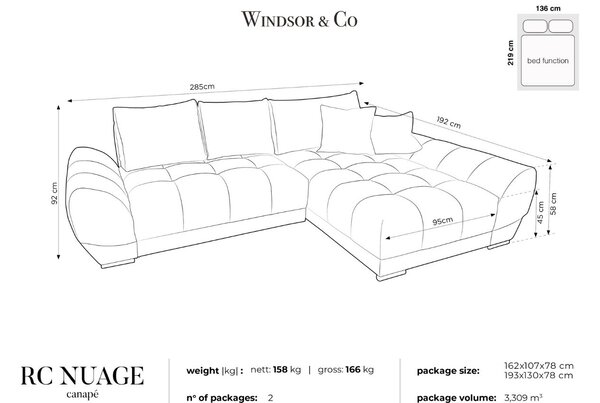 -25 % Dny MOMENTI– Windsor & Co Sametová rozkládací pohovka Nuage 285 cm, pravá