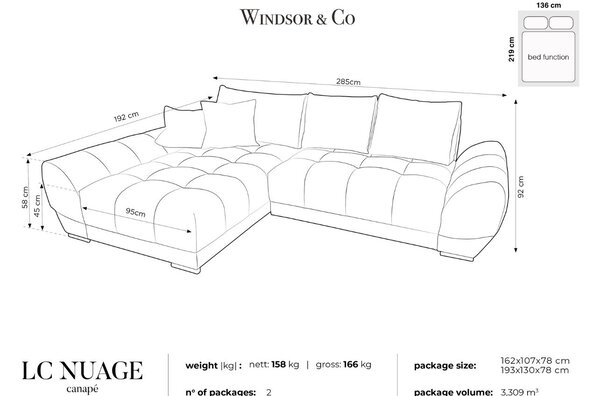 -25 % Dny MOMENTI– Windsor & Co Sametová rozkládací pohovka Nuage 285 cm, levá