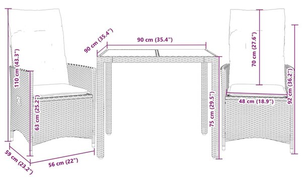 3dílný bistro set s poduškami šedý polyratan 3276735