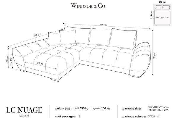 -25 % Dny MOMENTI– Windsor & Co Sametová rozkládací pohovka Nuage 285 cm, levá