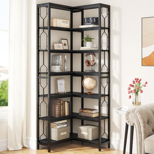Rohová knihovna, 7úrovňová, průmyslový design, pro kancelář (černá), černá barva