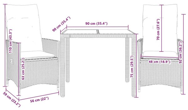 3dílný bistro set s poduškami béžový polyratan 3276799