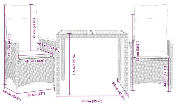 3dílný bistro set s poduškami šedý polyratan 3276843