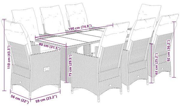 9dílný zahradní bistro set s poduškami šedý polyratan 3276892