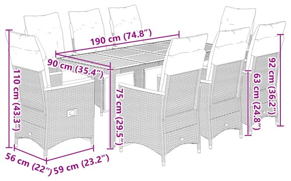 9dílný zahradní bistro set s poduškami černý polyratan 3276964