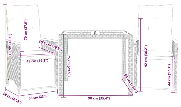 3dílný zahradní bistro set s poduškami černý polyratan 3276959
