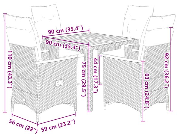 5dílný zahradní bistro set s poduškami černý polyratan 3276960