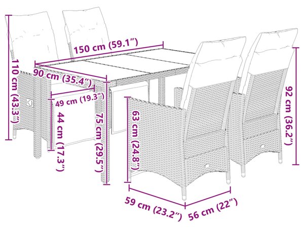 5dílný zahradní bistro set s poduškami černý polyratan 3276961