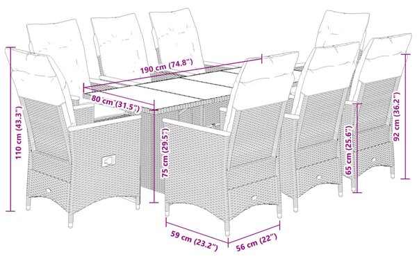 9dílný zahradní bistro set s poduškami černý polyratan 3276966