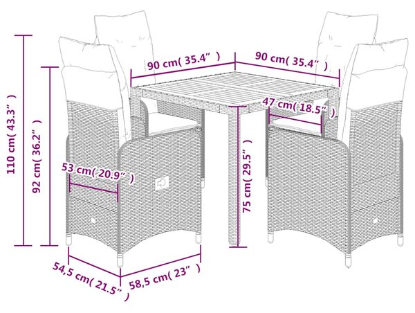 5dílný zahradní bistro set s poduškami černý polyratan 3276976