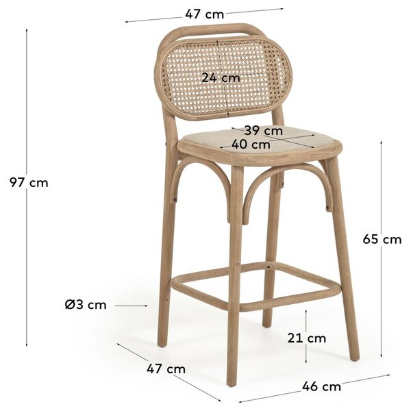Dubová barová židle Kave Home Doriane s ratanovým opěradlem 65 cm