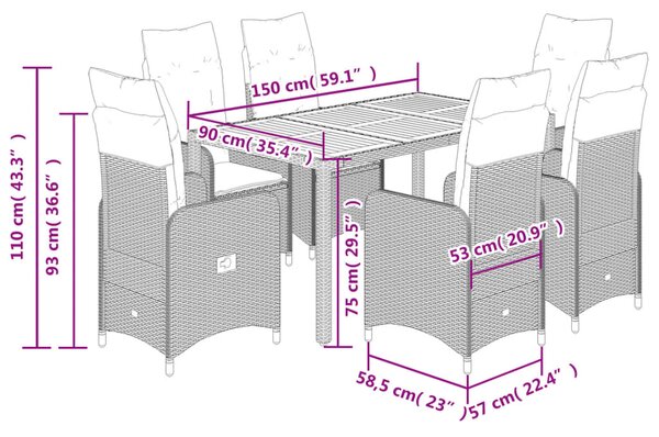 7dílný zahradní bistro set s poduškami černý polyratan 3276979