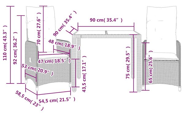 3dílný zahradní bistro set s poduškami černý polyratan 3276987