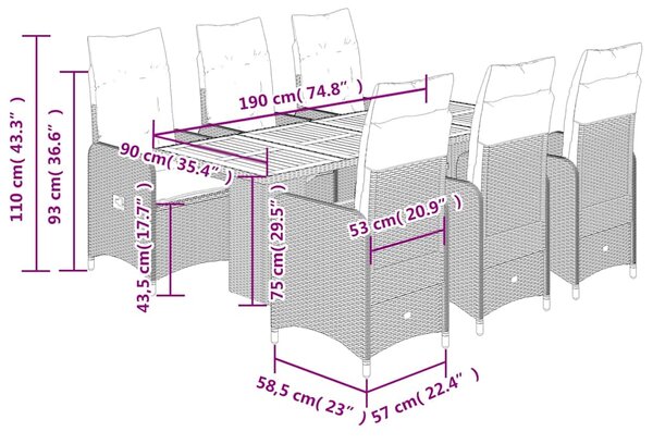 7dílný zahradní bistro set s poduškami černý polyratan 3276984