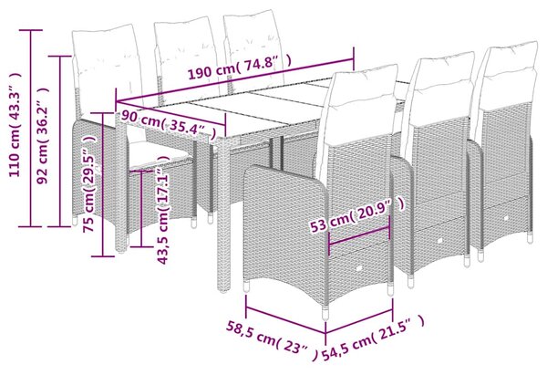 7dílný zahradní bistro set s poduškami černý polyratan 3276993