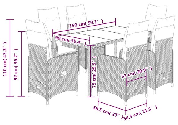7dílný zahradní bistro set s poduškami černý polyratan 3276991