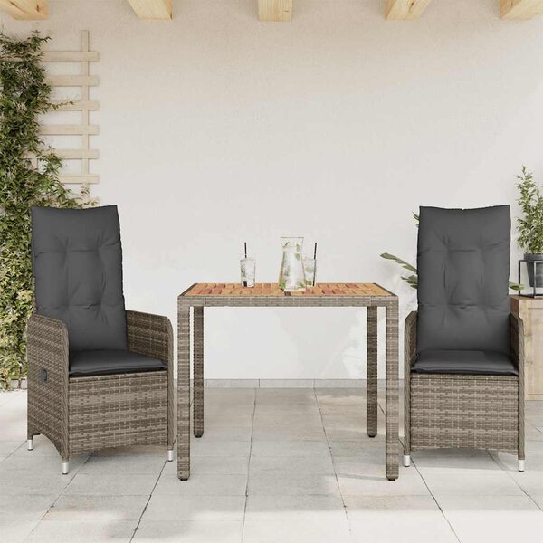 3dílný zahradní bistro set s poduškami šedý polyratan 3277019