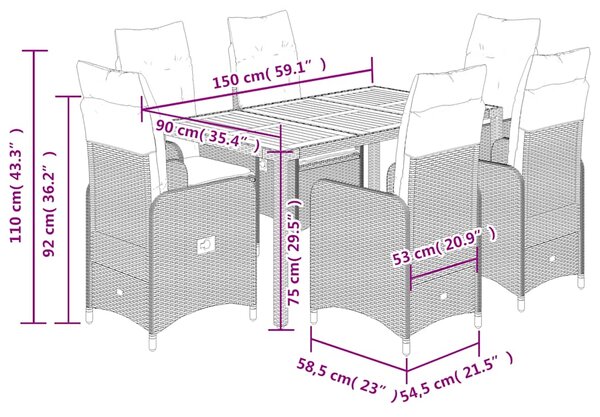7dílný zahradní bistro set s poduškami šedý polyratan 3277023