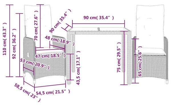 3dílný zahradní bistro set s poduškami šedý polyratan 3277031