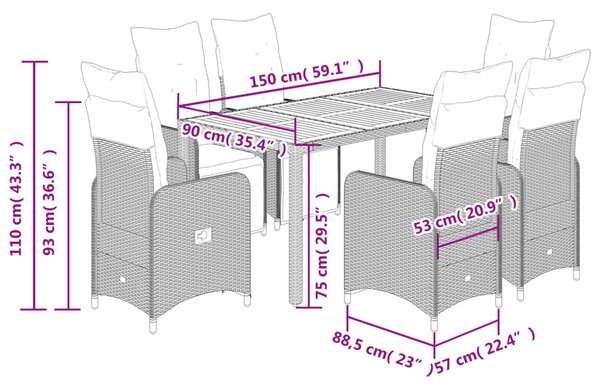 7dílný zahradní bistro set s poduškami černý polyratan 3277130