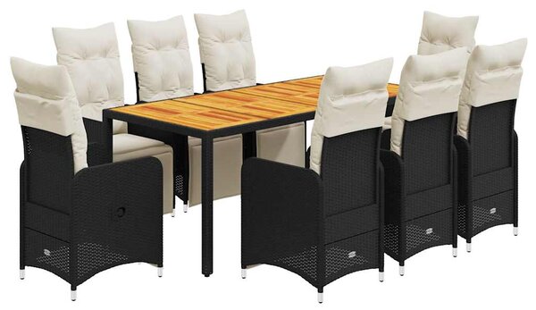 9dílný zahradní bistro set s poduškami černý polyratan 3277132