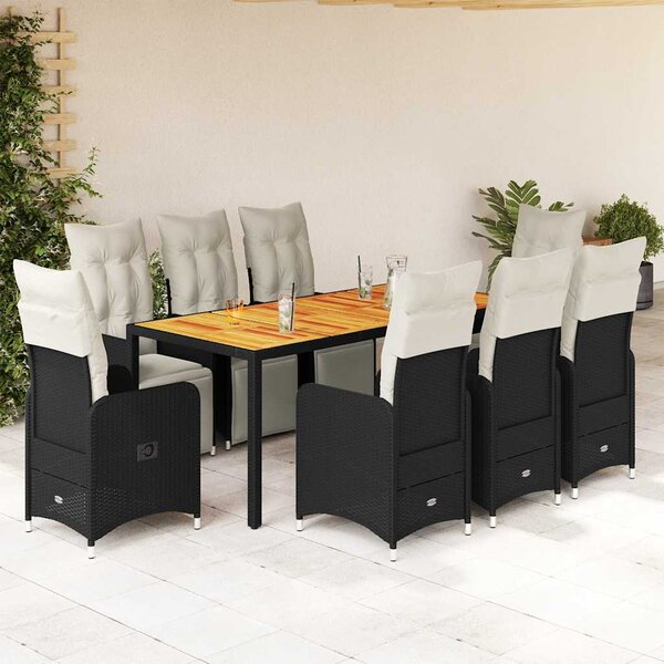9dílný zahradní bistro set s poduškami černý polyratan 3277132