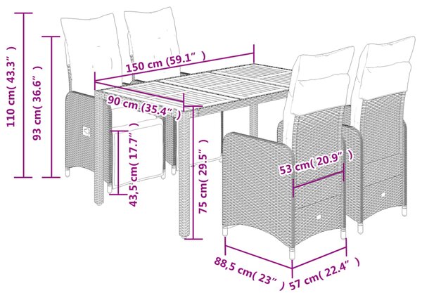 5dílný zahradní bistro set s poduškami černý polyratan 3277129