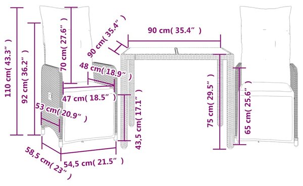 3dílný zahradní bistro set s poduškami černý polyratan 3277135