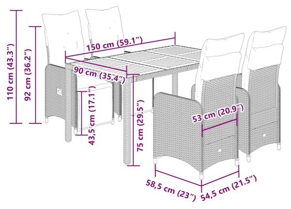 5dílný zahradní bistro set s poduškami černý polyratan 3277137