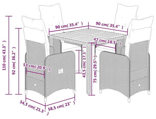5dílný zahradní bistro set s poduškami šedý polyratan 3277158