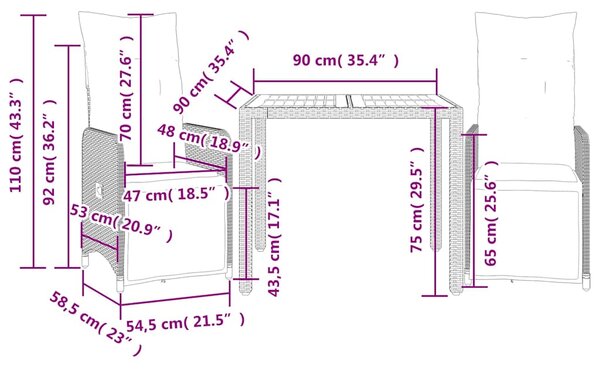 3dílný zahradní bistro set s poduškami šedý polyratan 3277157