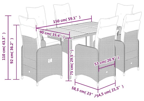 7dílný zahradní bistro set s poduškami šedý polyratan 3277160