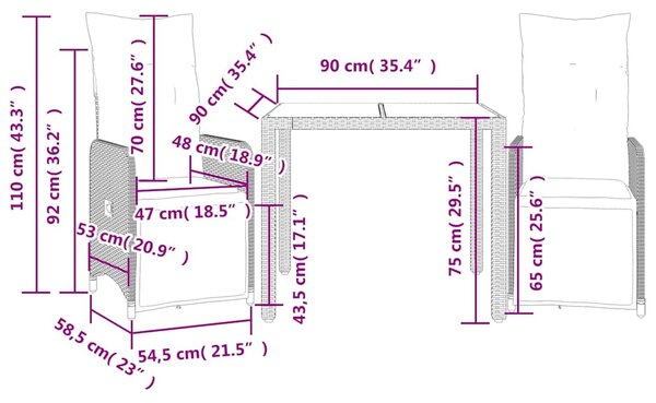 3dílný zahradní bistro set s poduškami šedý polyratan 3277165