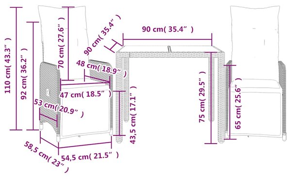 3dílný zahradní bistro set s poduškami hnědý polyratan 3277187