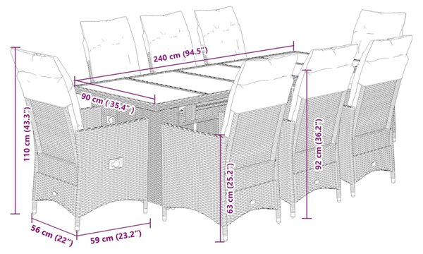 9dílný zahradní bistro set s poduškami černý polyratan 3277234