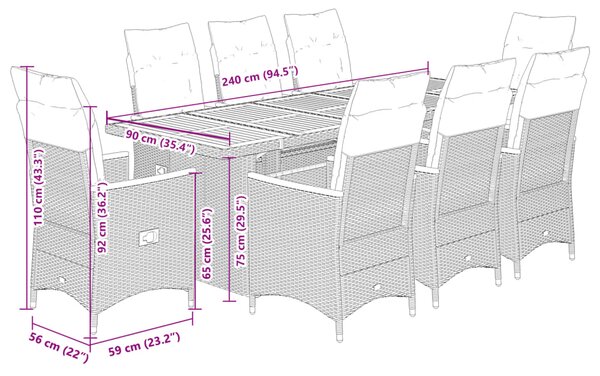 9dílný zahradní bistro set s poduškami černý polyratan 3277249