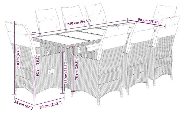 9dílný zahradní bistro set s poduškami šedý polyratan 3277259