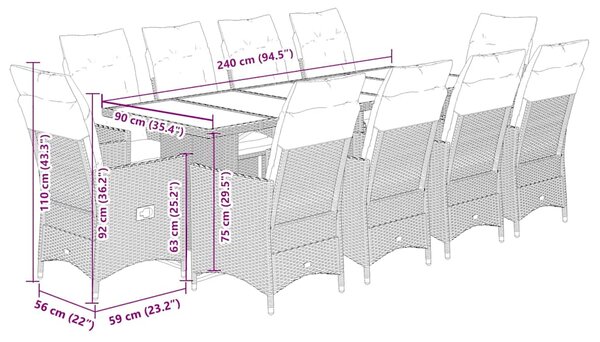11dílný zahradní bistro set s poduškami šedý polyratan 3277262