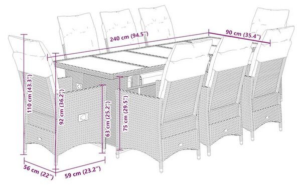9dílný zahradní bistro set s poduškami černý polyratan 3277255