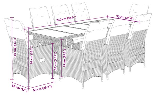 9dílný zahradní bistro set s poduškami hnědý polyratan 3277263