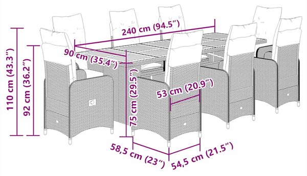 9dílný zahradní bistro set s poduškami černý polyratan 3277291