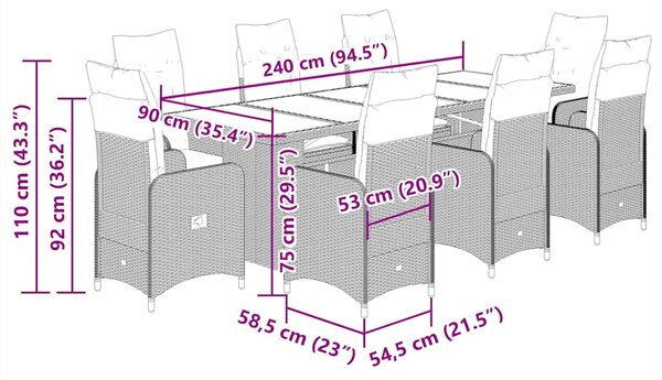 9dílný zahradní bistro set s poduškami šedý polyratan 3277280