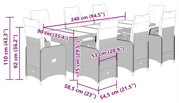 9dílný zahradní bistro set s poduškami hnědý polyratan 3277283