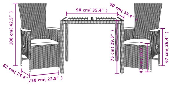 3dílný zahradní jídelní set s poduškami černý polyratan 3277503