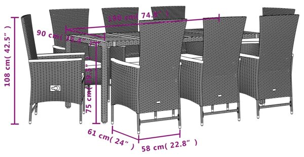 9dílný zahradní jídelní set s poduškami černý polyratan 3277516