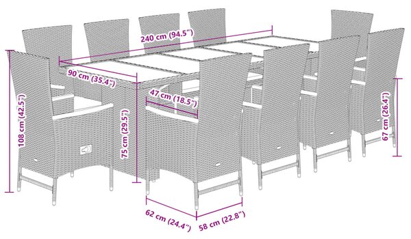 11dílný zahradní jídelní set s poduškami černý polyratan 3277525