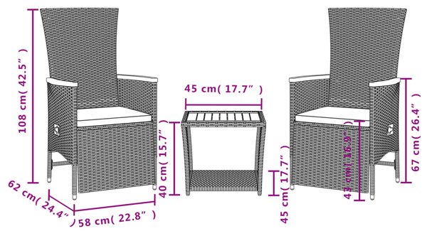 3dílný zahradní jídelní set s poduškami černý polyratan 3277541