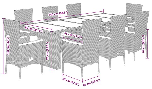 9dílný zahradní jídelní set s poduškami šedý polyratan 3277544